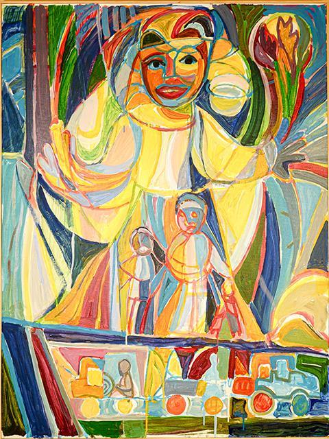 Figure holding flowers with trucks below